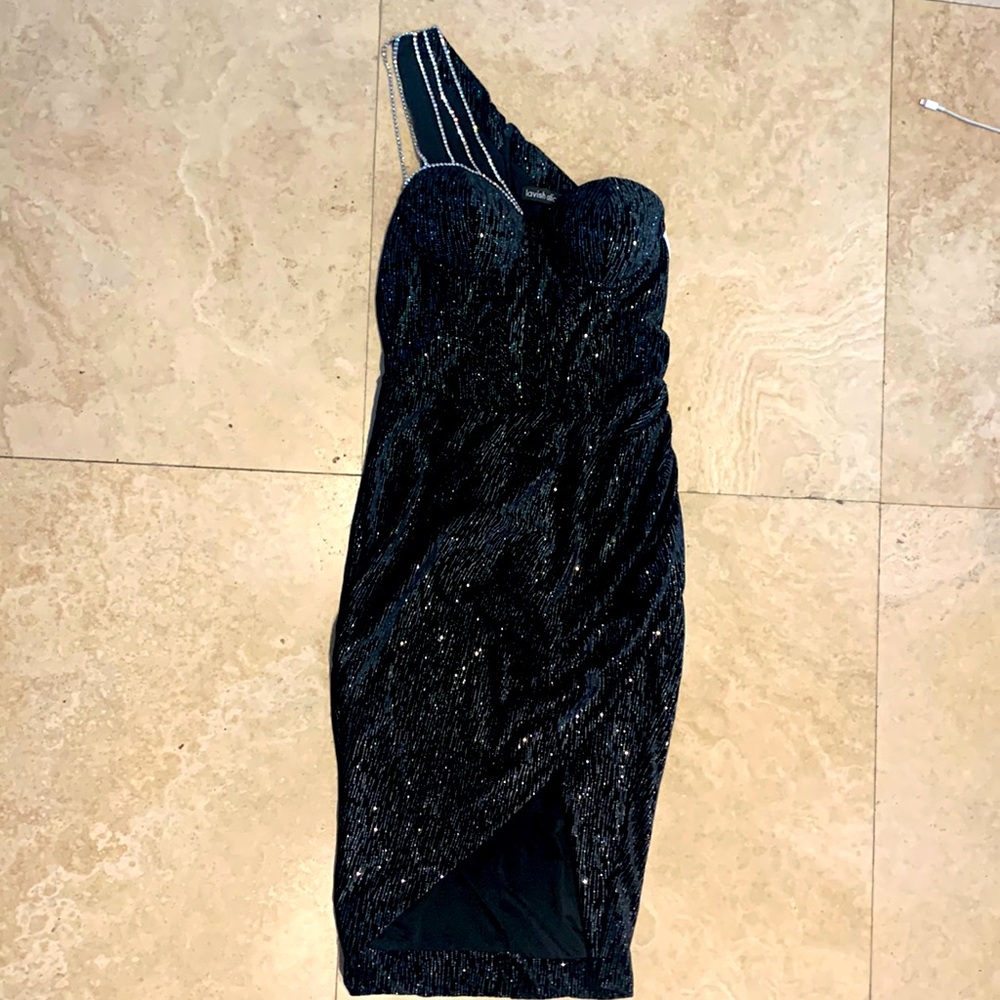 Lavish Alice diamante velvet one shoulder cocktail black dress, crystal straps